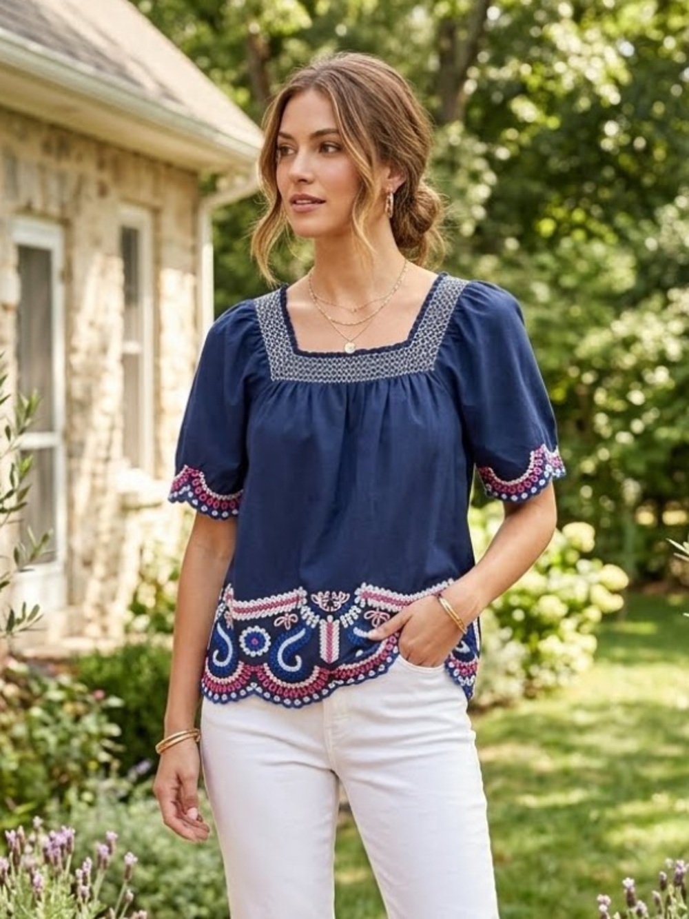 Crown & Ivy Navy 100% Cotton Floral Embroidered Smocked Blouse PL Boho Cottage